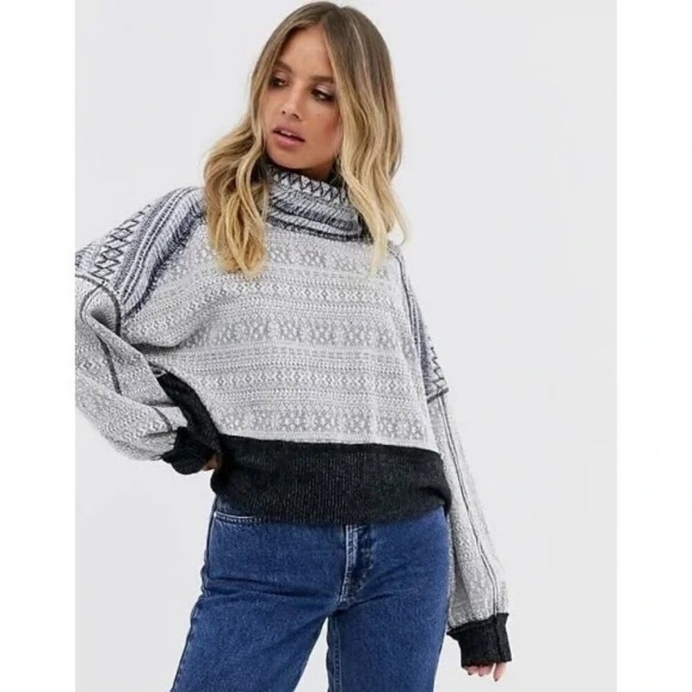NEW Free People At The Lodge Pullover Top Size XS Grey Frost Combo Fair Isle Ski